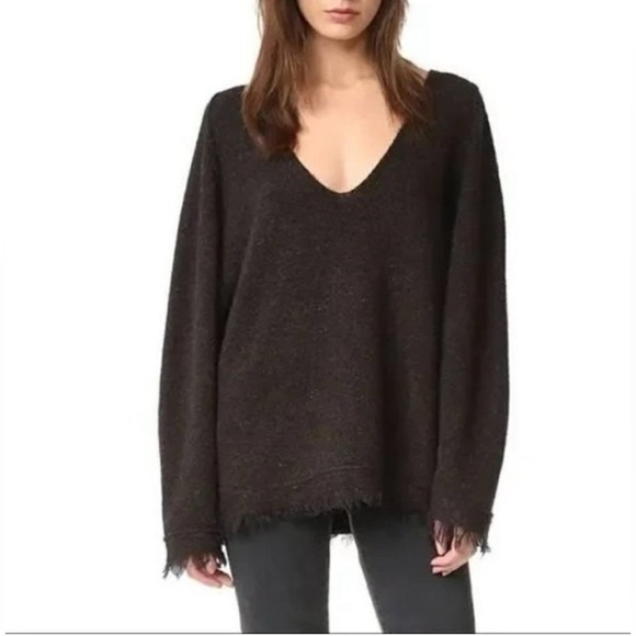Free People Irresistible Fringe Trim Oversized Wool Blend Sweater L Black/Brown - Picture 1 of 8
